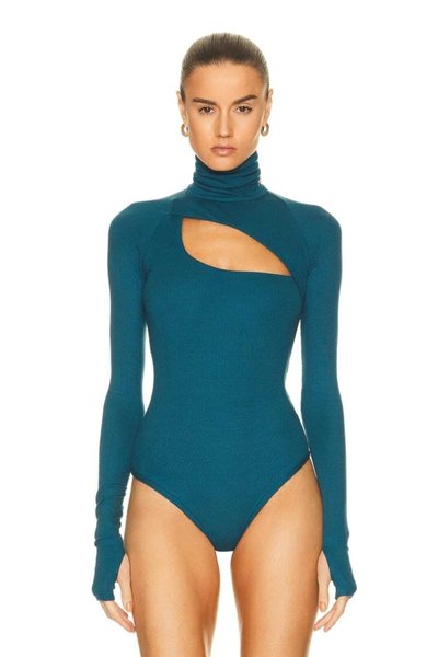 Turtleneck Cut-Out Finger-Hole Bodysuit - Emerald Green
