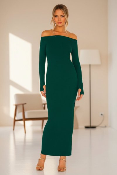Long Madonna Neck Slit-Detail Evening Dress - Emerald Green