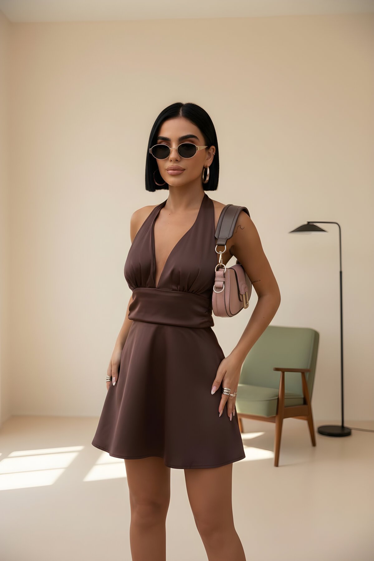 Mini Satin Halter-Neck Back-Cutout Sash-Detail Evening Dress - Mocha - VİSKALİ