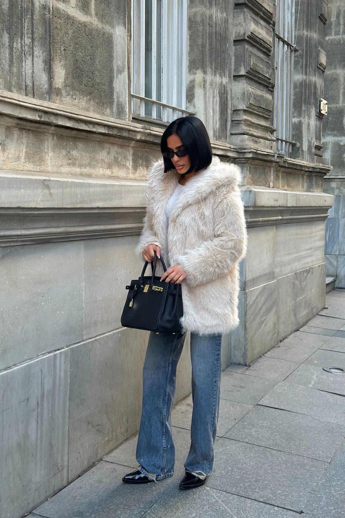 معطف شتوي طويل بيج بفرو و ياقة بريميوم - VİSKALİ