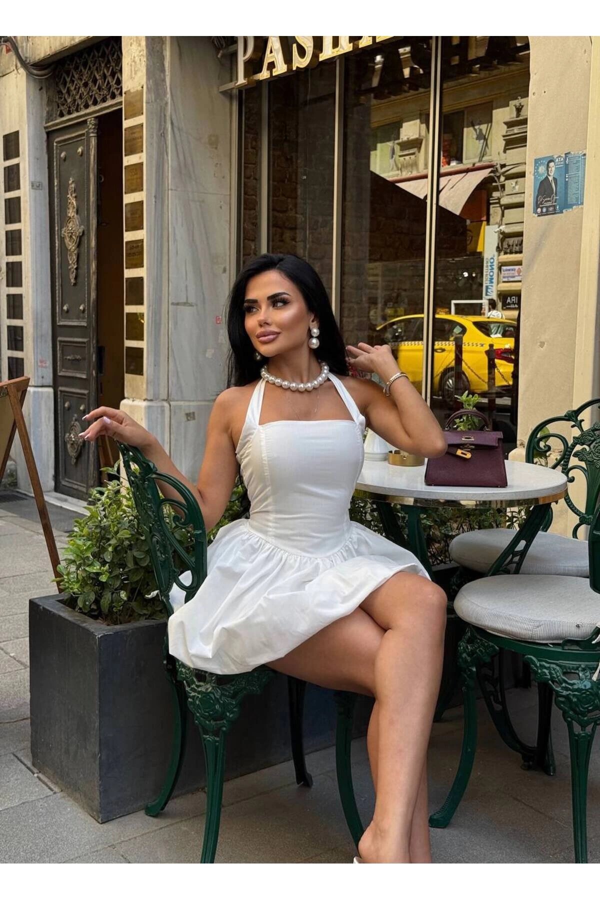 Mini Balloon Lined Square Neck Halter Dress - White - VİSKALİ