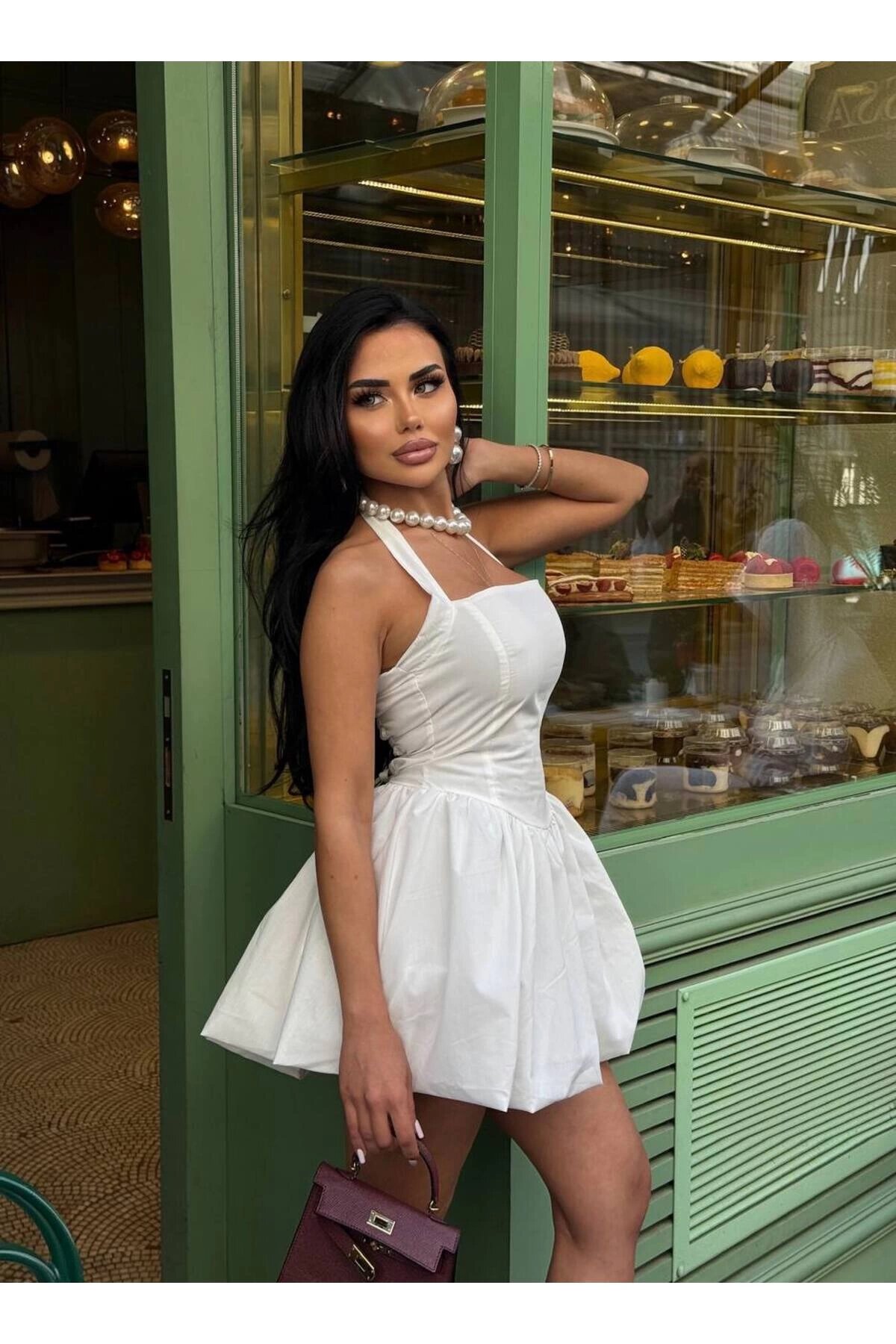 Mini Balloon Lined Square Neck Halter Dress - White - VİSKALİ