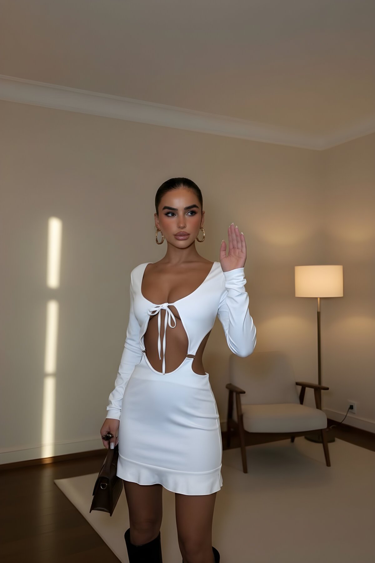 Beyaz Mini Uzun Kollu Yırtmaçlı Cut-out Bağlamalı Derin Dekolteli Elbise - VİSKALİ