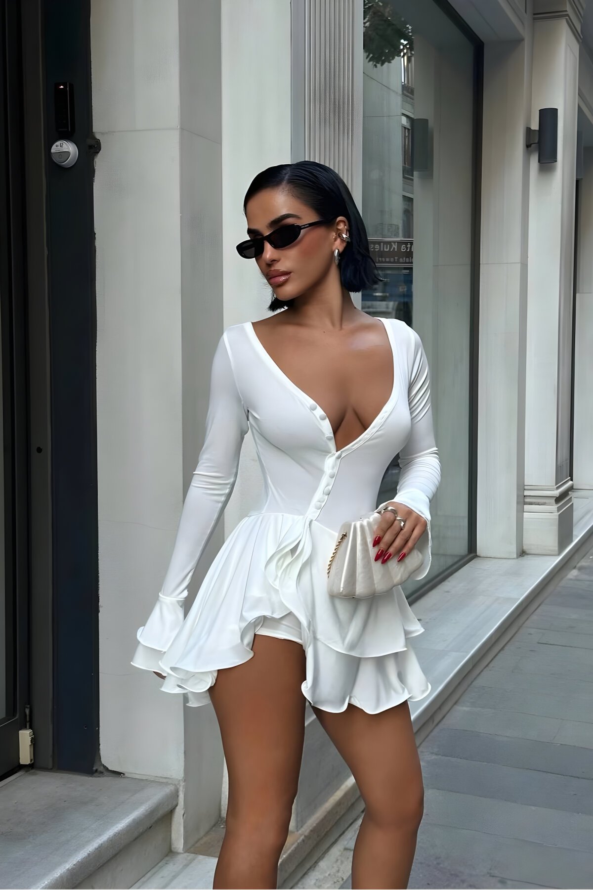 Mini Pleated Bell-Sleeve Dress - White - VİSKALİ