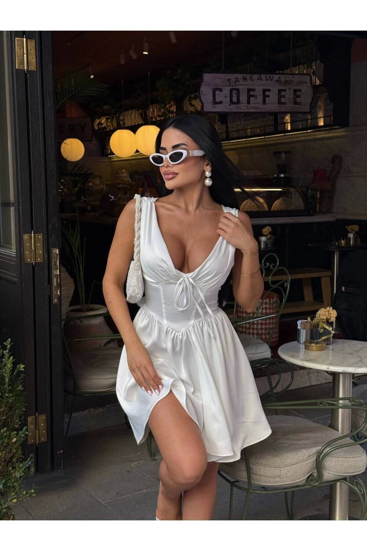 Mini Satin Corset-Detail Dress with Shorts - White - VİSKALİ