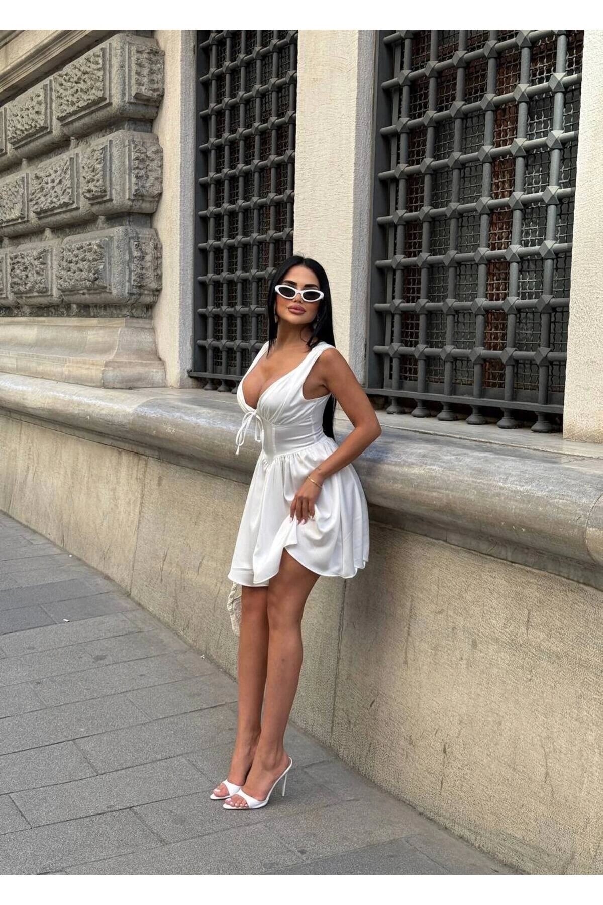 Mini Satin Corset-Detail Dress with Shorts - White - VİSKALİ