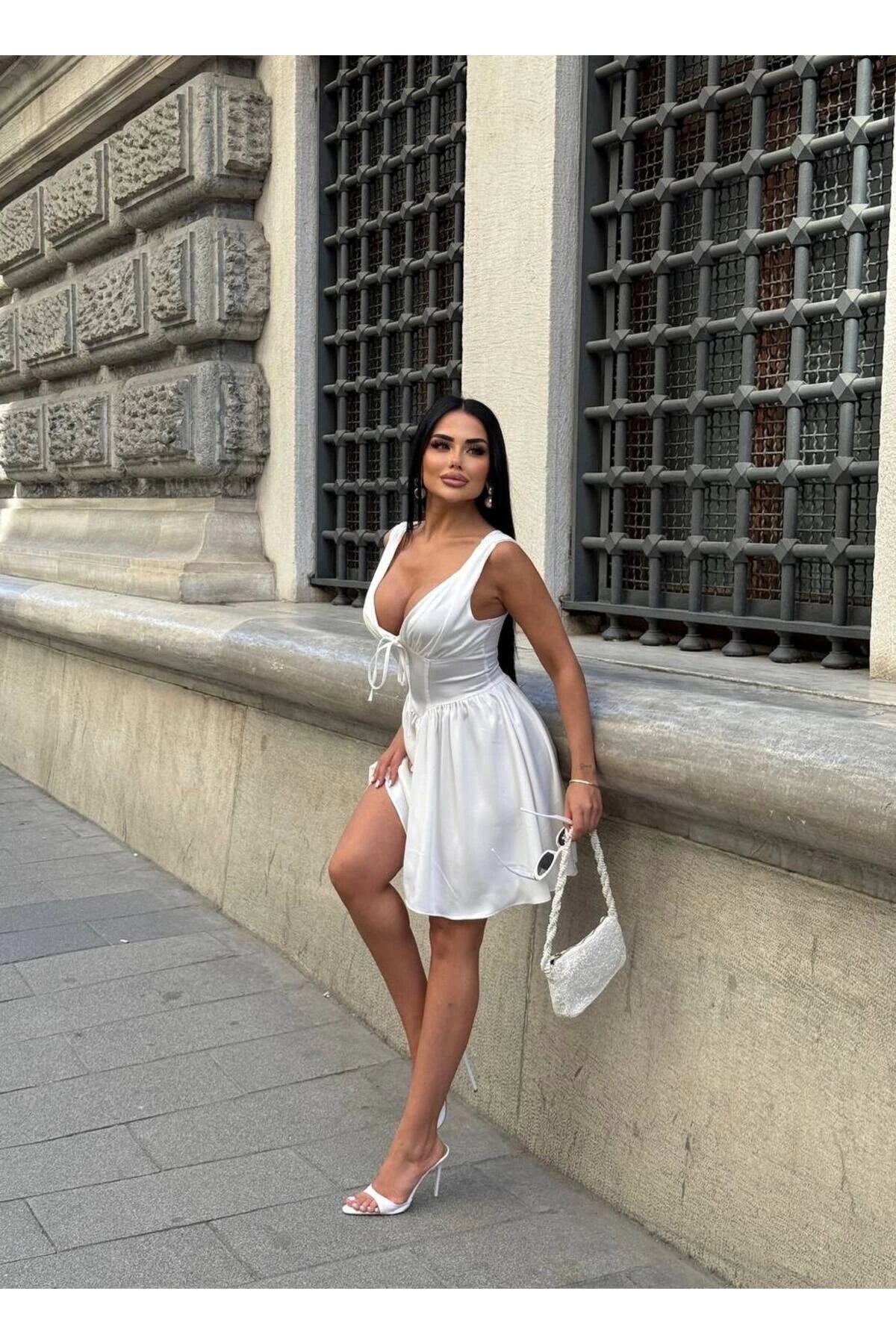 Mini Satin Corset-Detail Dress with Shorts - White - VİSKALİ