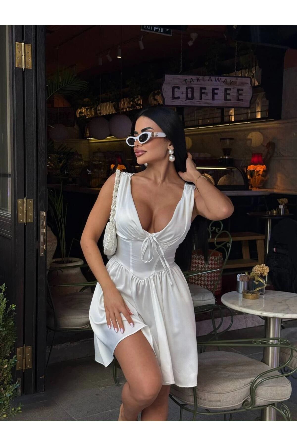 Mini Satin Corset-Detail Dress with Shorts - White - VİSKALİ