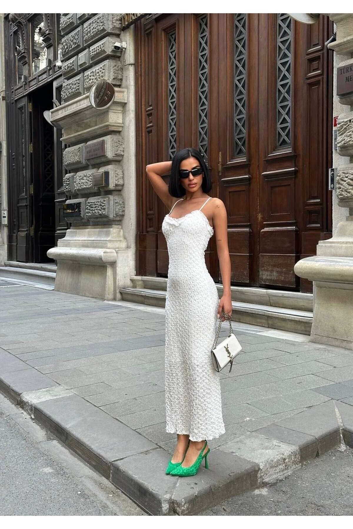 Long Lace Guipure Texture Strappy Dress - White - VİSKALİ