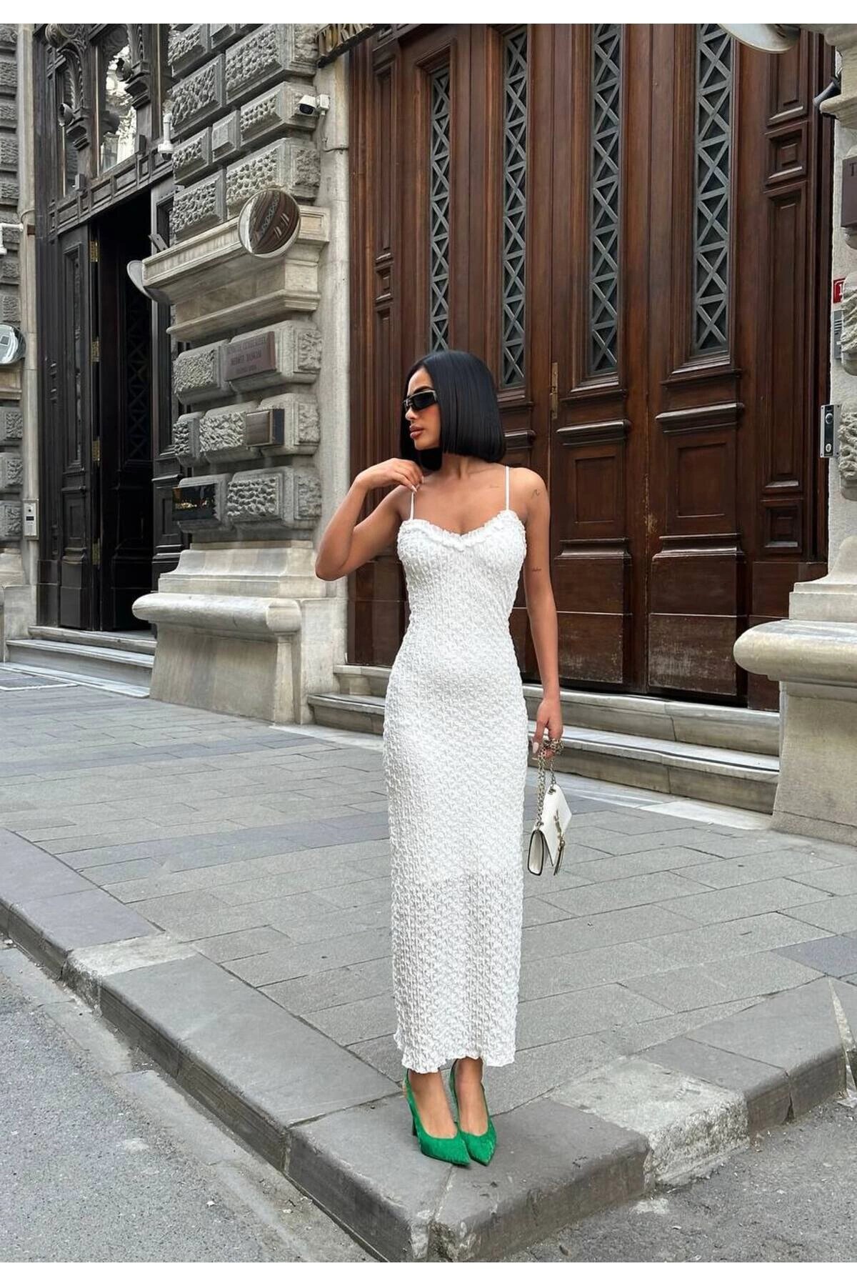Long Lace Guipure Texture Strappy Dress - White - VİSKALİ