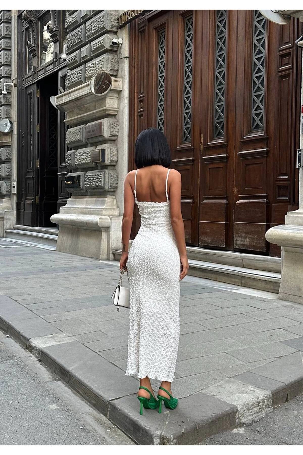 Long Lace Guipure Texture Strappy Dress - White - VİSKALİ