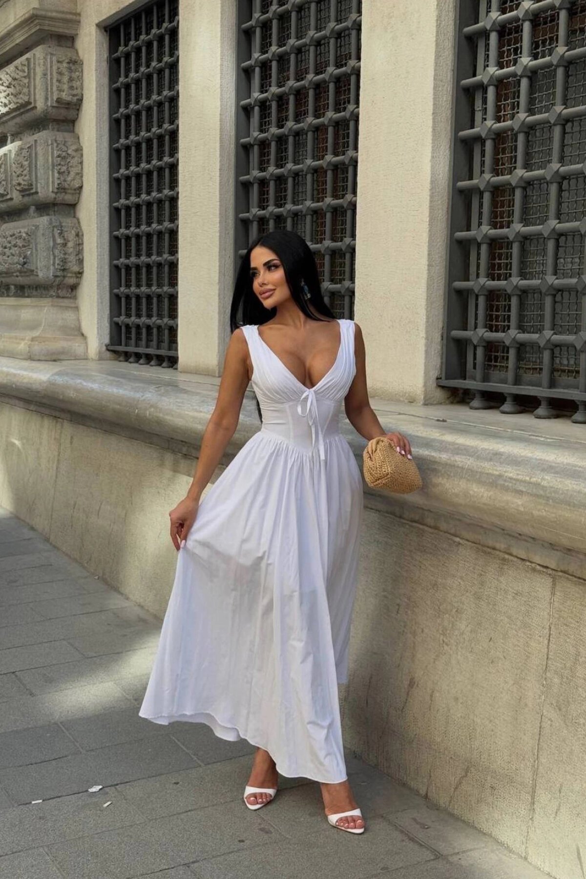 Long Corset-Form Thick-Strap Ruched Dress - White - VİSKALİ