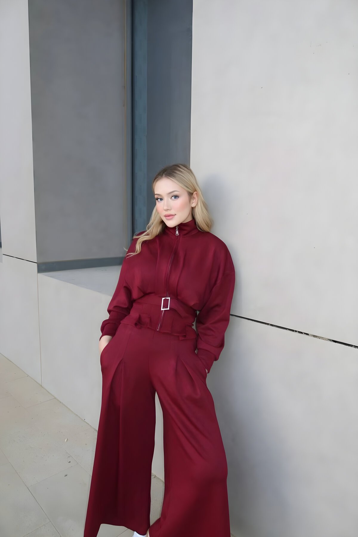 Wide Leg Premium Zippered Belt-Detail Two-Piece Set - Burgundy - VİSKALİ