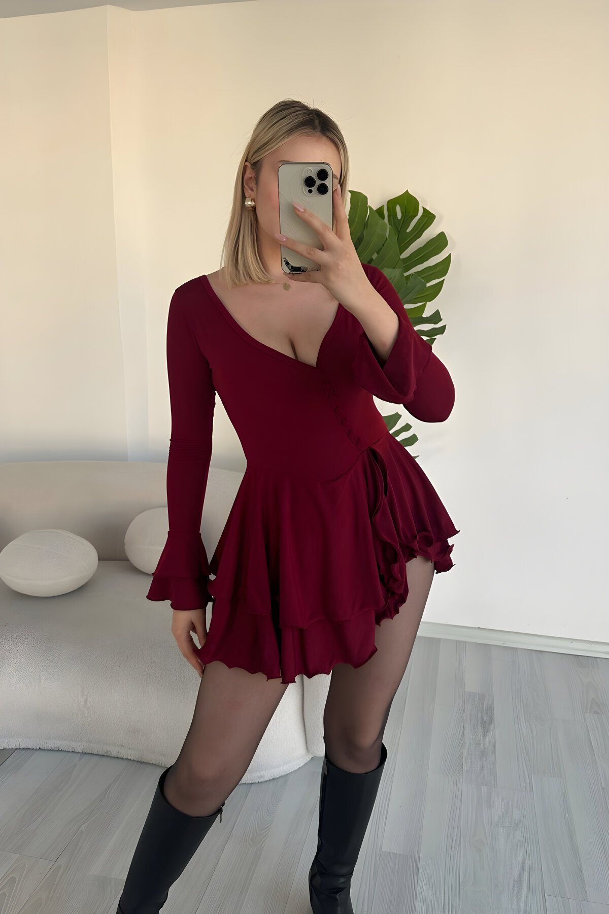 Mini Pleated Bell Sleeve Button Detail Dress - Burgundy - VİSKALİ