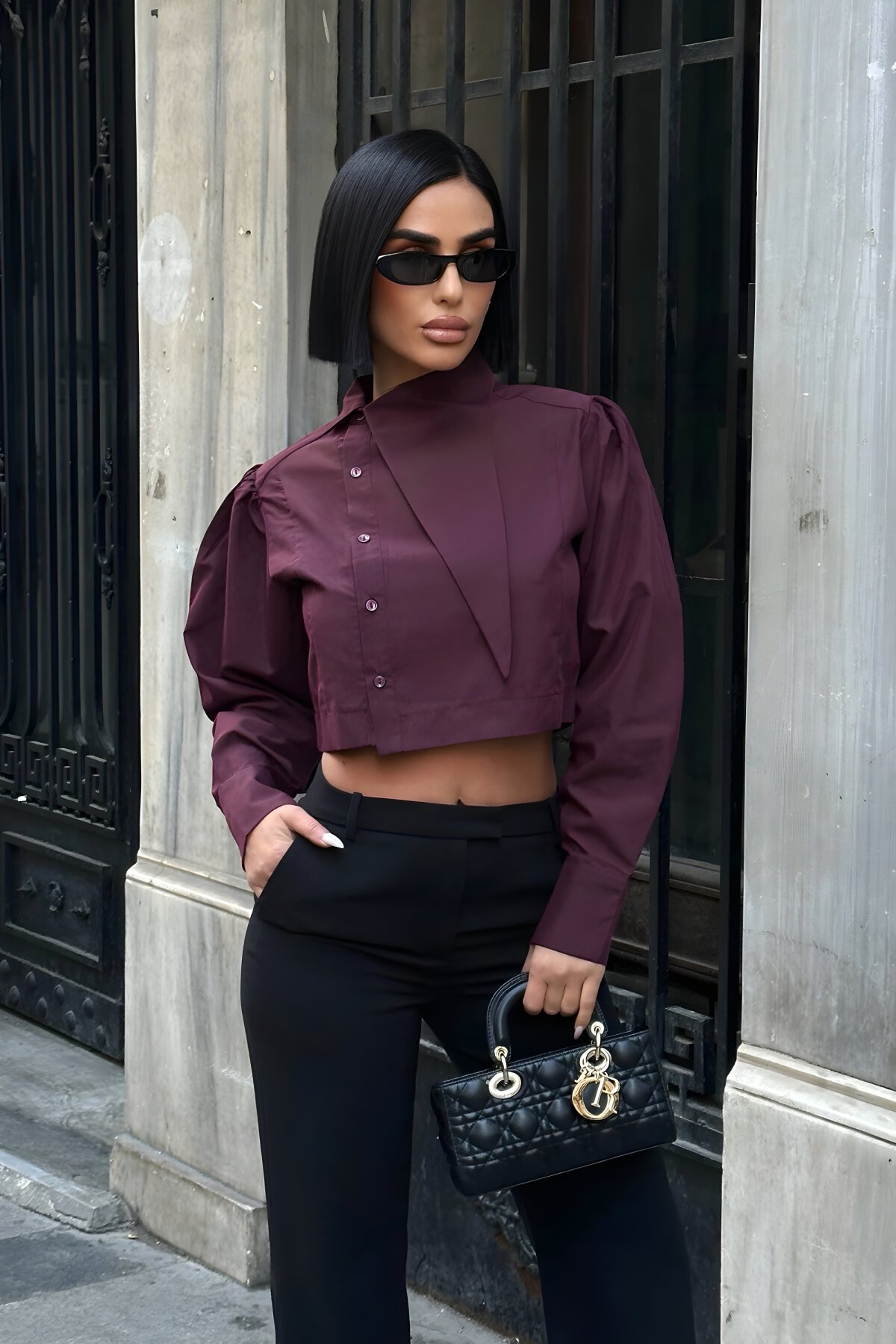 Poplin Asymmetric Collar Shirt - Burgundy - VİSKALİ