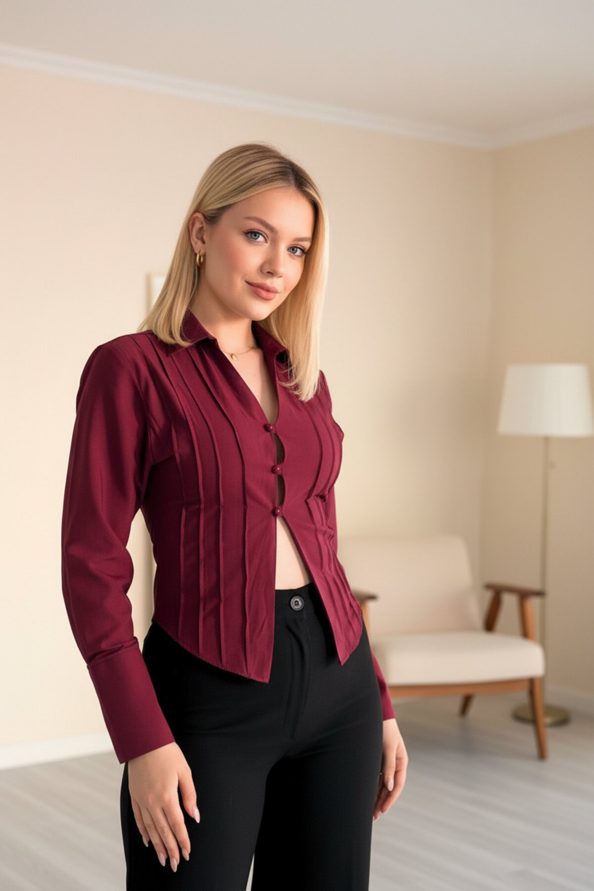 Low-Cut Poplin Button-Detail Shirt - Burgundy - VİSKALİ