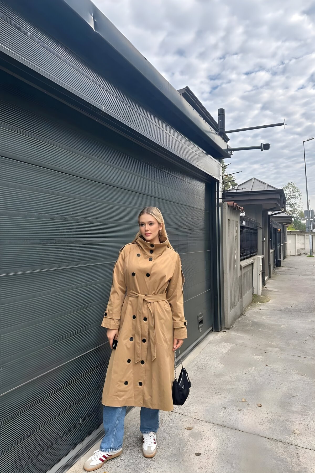 Long Premium Belted Stand-Collar Trench Coat - Camel - VİSKALİ