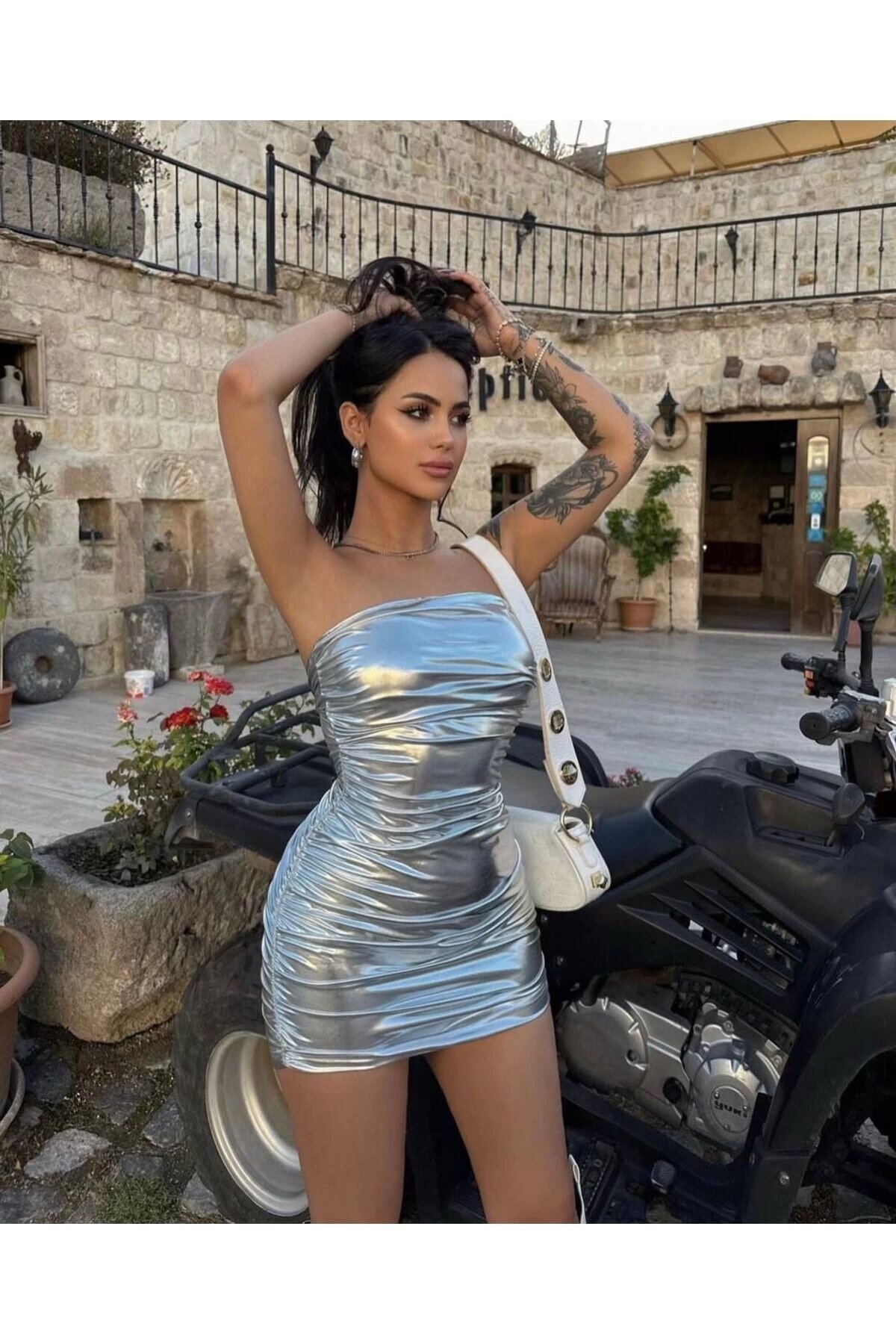 Mini Strapless Ruched Shiny Evening Dress - Grey - VİSKALİ
