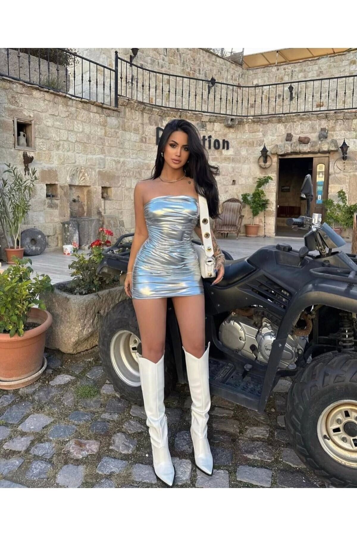 Mini Strapless Ruched Shiny Evening Dress - Grey - VİSKALİ