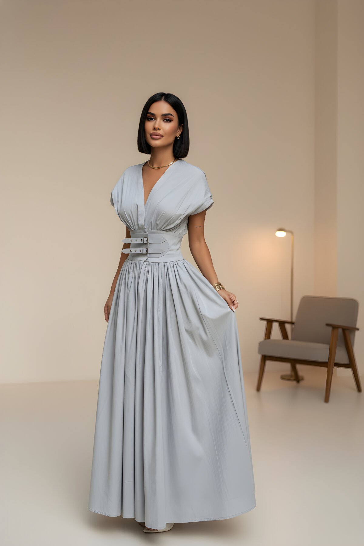 Long Short Sleeve V-Neck Belted Evening Dress - Grey - VİSKALİ