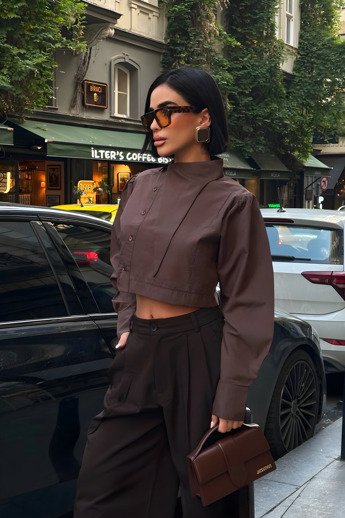Poplin Asymmetric Collar Shirt - Brown - VİSKALİ