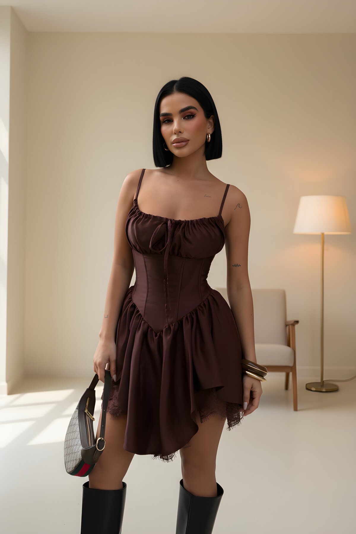 Mini Satin Spaghetti Strap Bust-Tie Tiered Dress - Brown - VİSKALİ