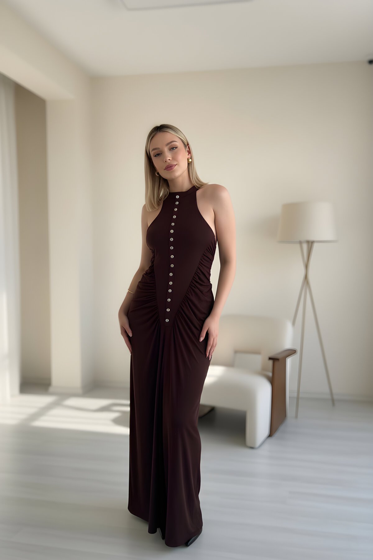 Long Ruched Halter Neck Dress - Brown - VİSKALİ