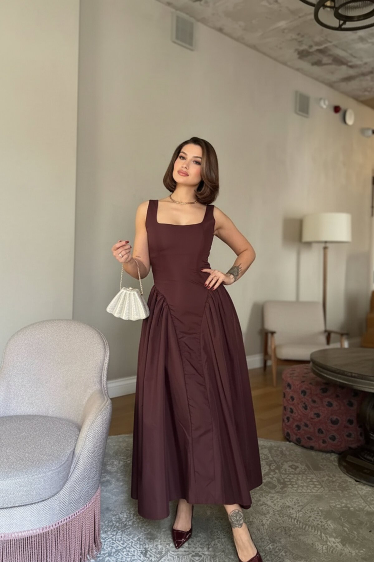 Long Poplin Thick-Strap Belt-Detail Dress - Brown - VİSKALİ