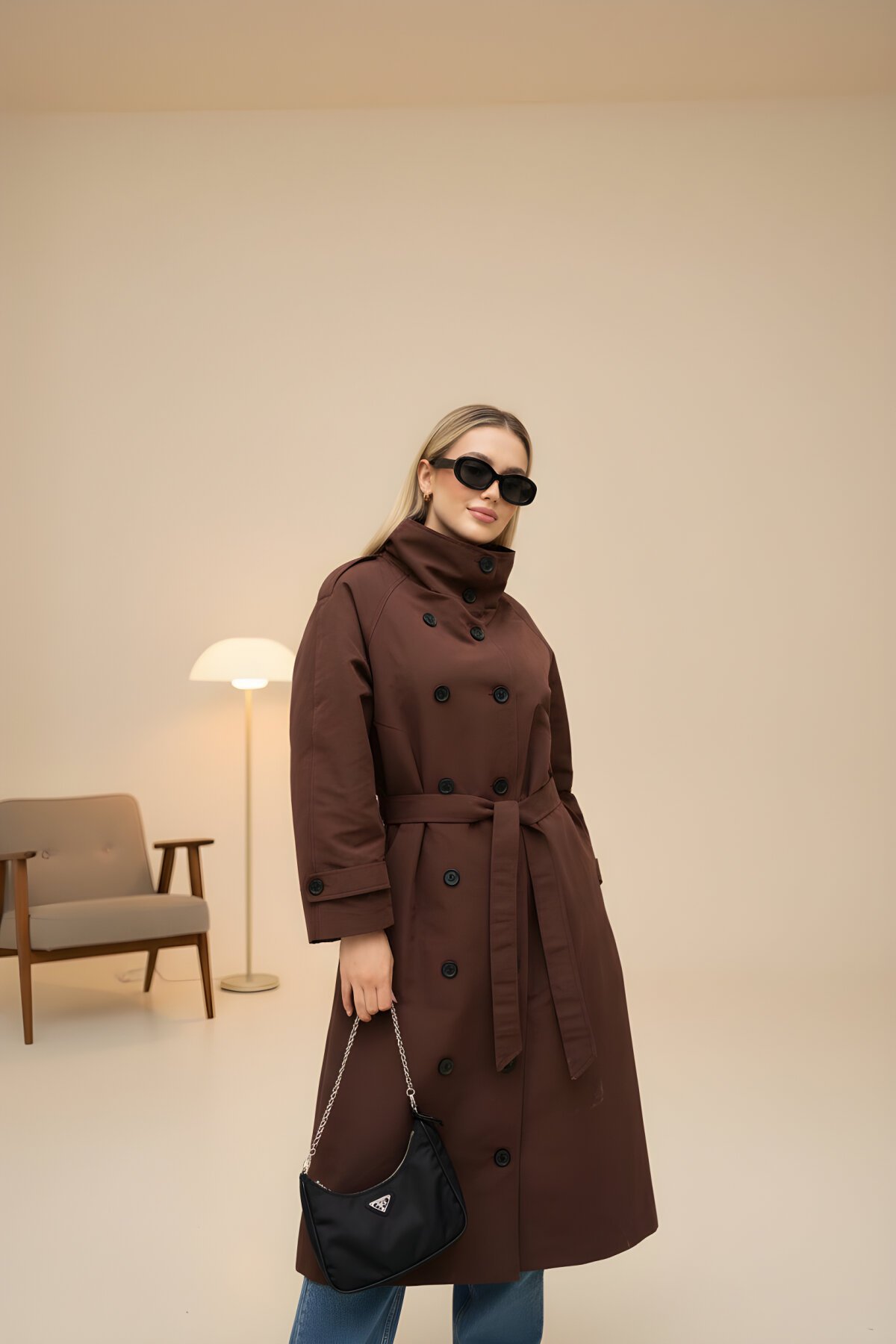 Long Premium Belted Stand Collar Trench Coat - Brown - VİSKALİ