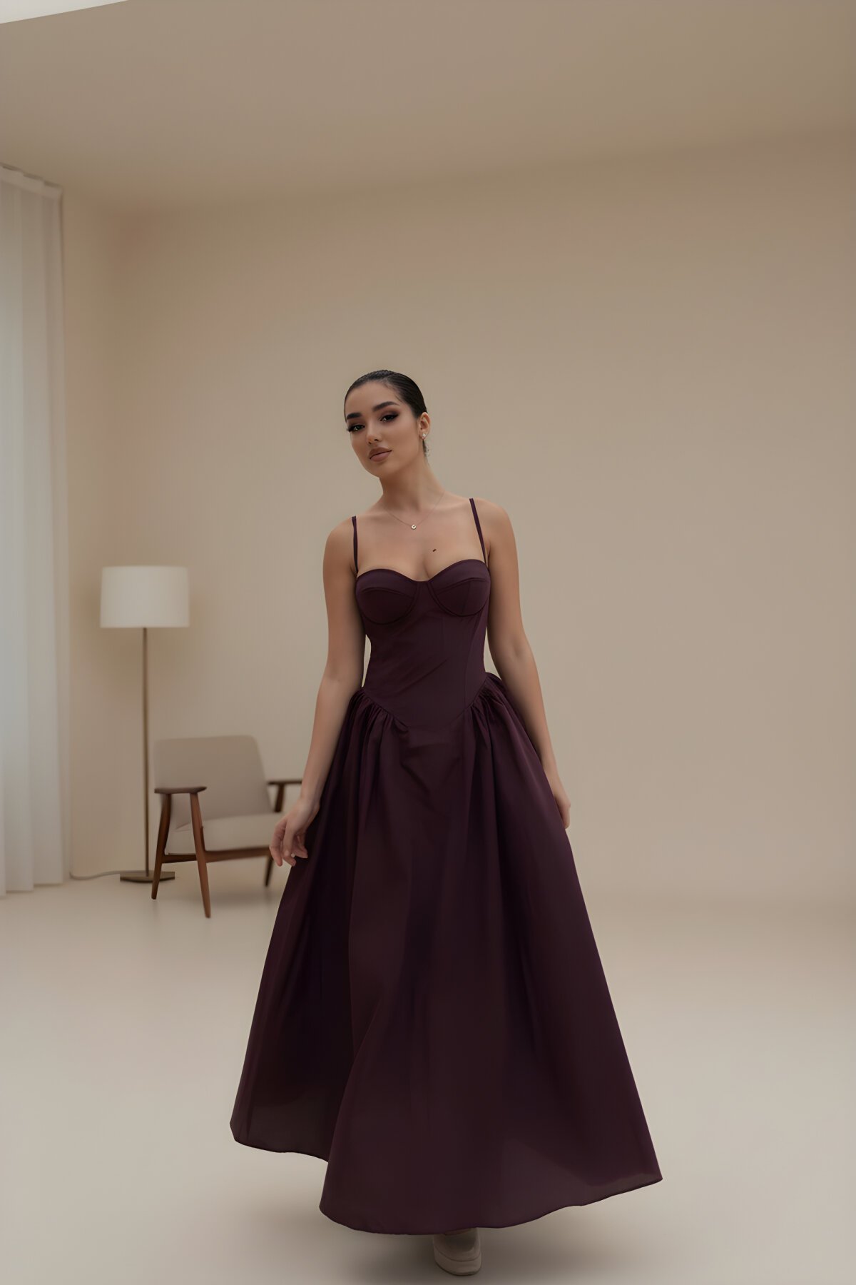 Long Princess Sweetheart Neck Thin Strap Evening Dress - Brown - VİSKALİ
