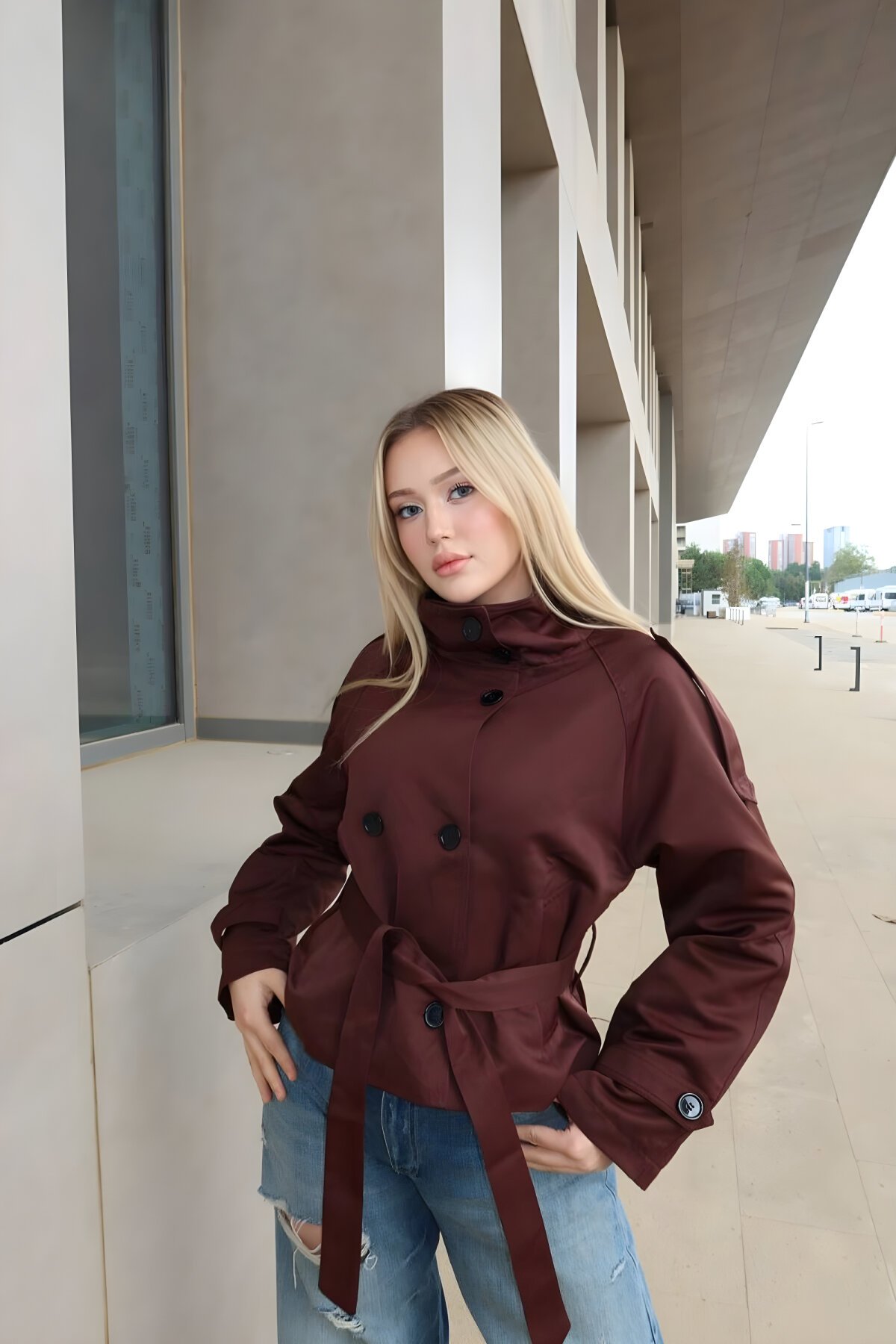 Short Belted Stand Collar Bsk Button Detail Trench Coat - Dark Brown - VİSKALİ