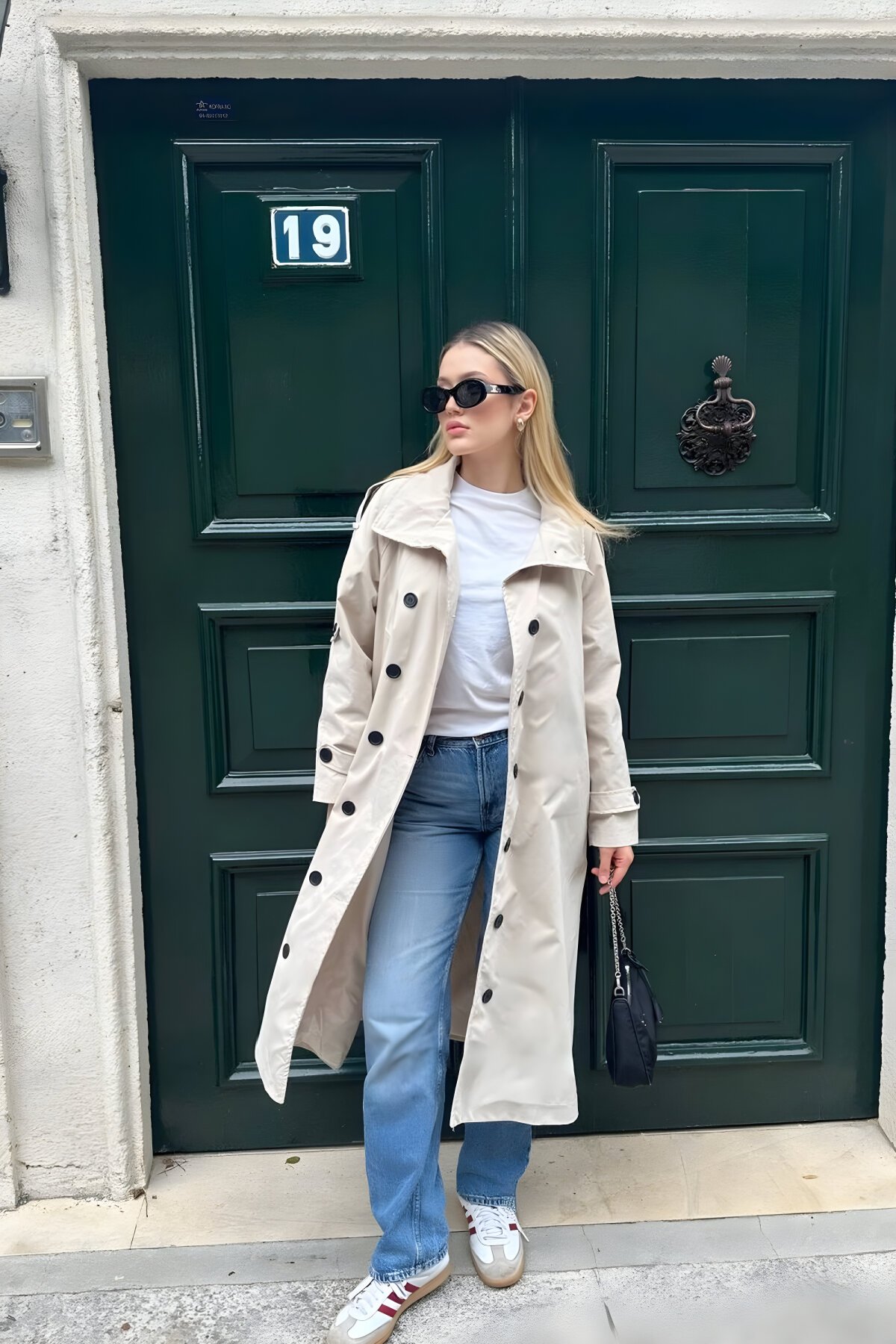 Long Premium Stand-Collar Belted Trench Coat - Cream - VİSKALİ