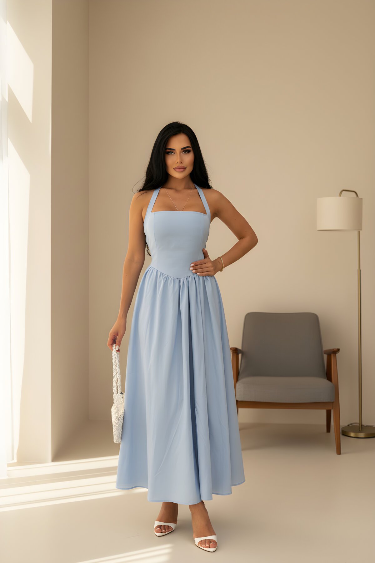 Long Flared Strappy Square Neck Dress - Blue - VİSKALİ