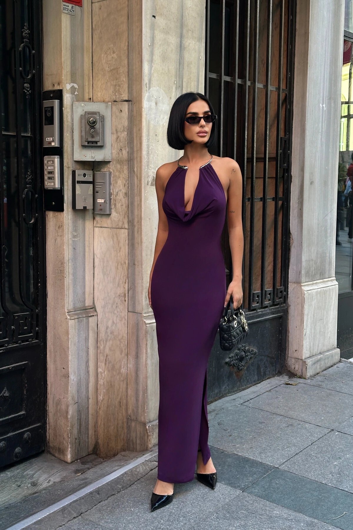 Long Lined Back-Cutout Evening Dress - Plum - VİSKALİ