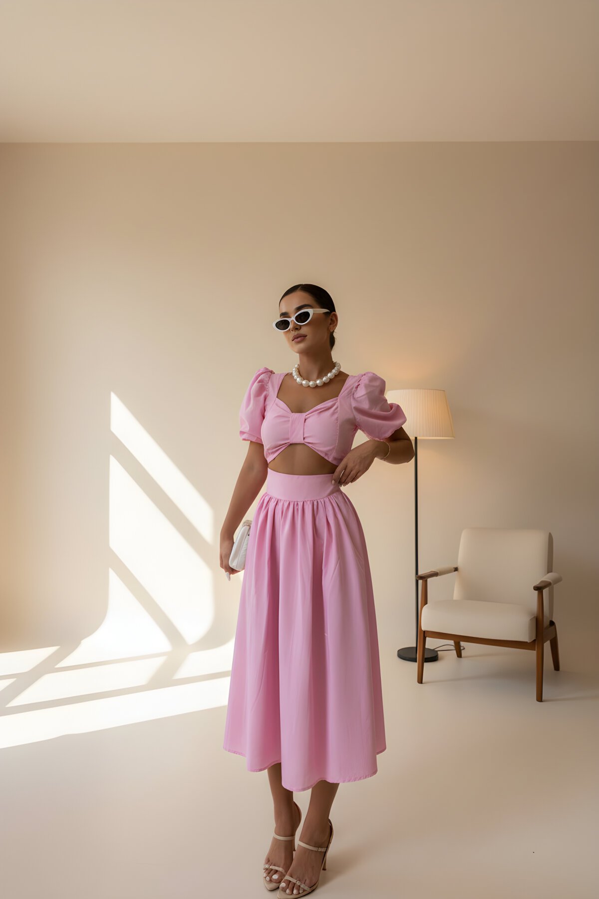 Two-Piece Poplin Balloon Sleeve Bust-Detail Skirt Blouse Set - Pink - VİSKALİ