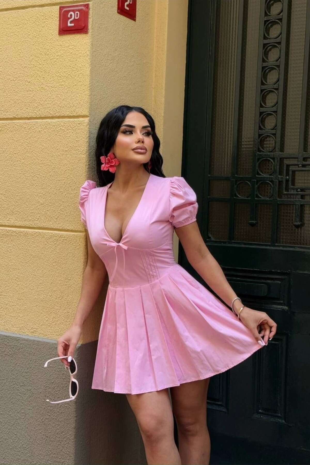 Pembe Mini Pile Etekli Puff Kol Elbise - VİSKALİ