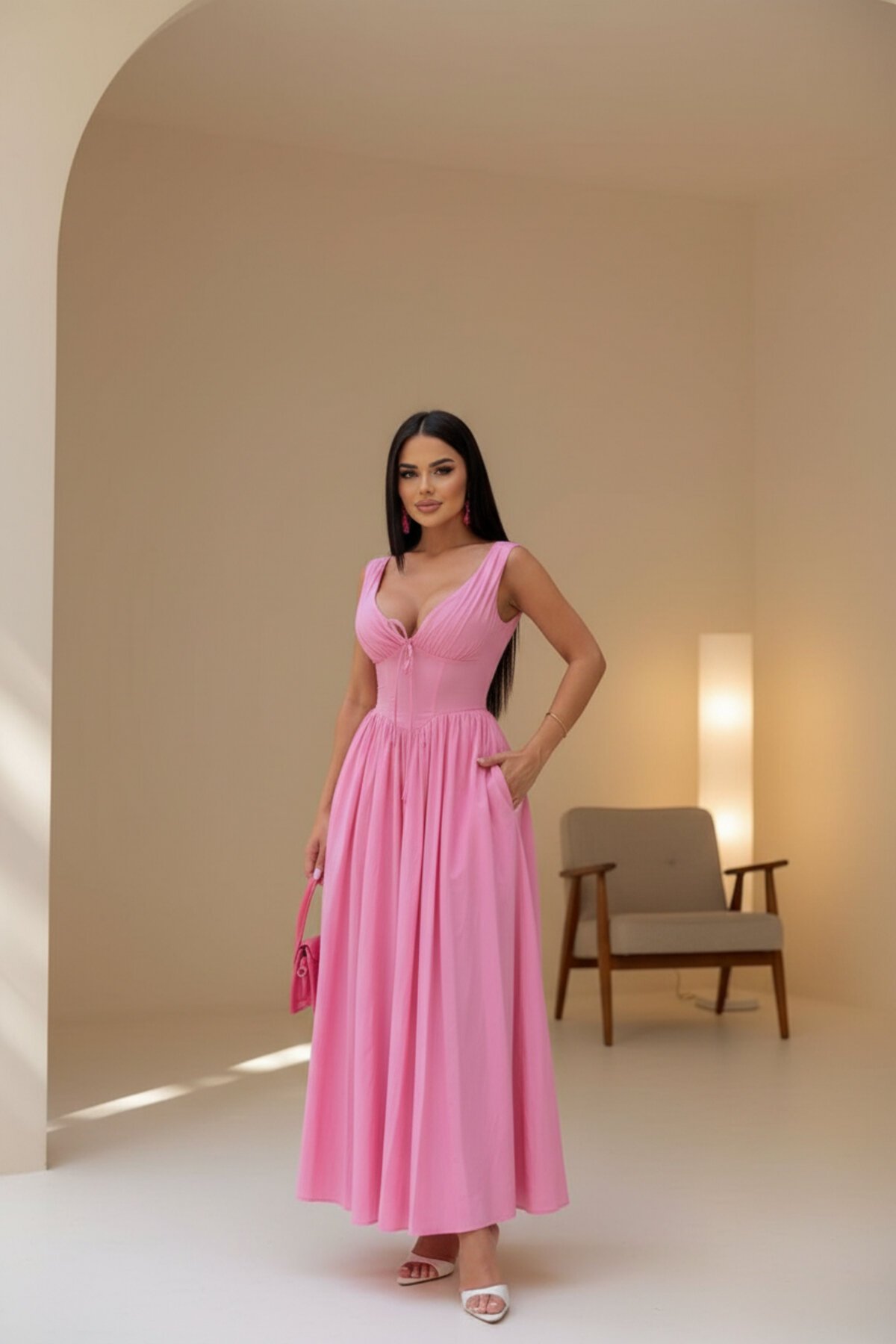 Pembe Uzun Korsaj Form Kalın Askılı Büzgü Detaylı Elbise - VİSKALİ