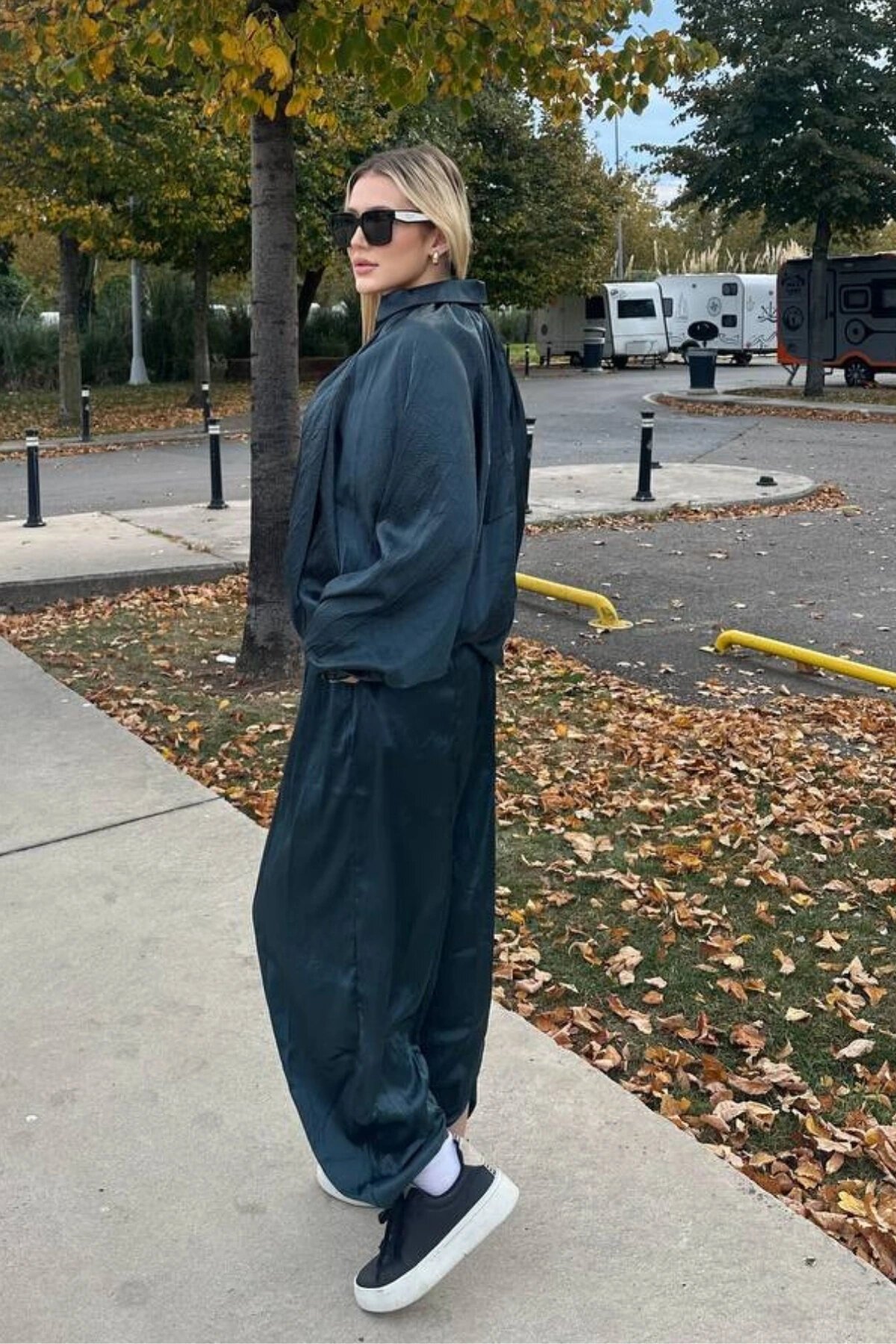 Oversized Textured Satin Set - Petrol Green - VİSKALİ