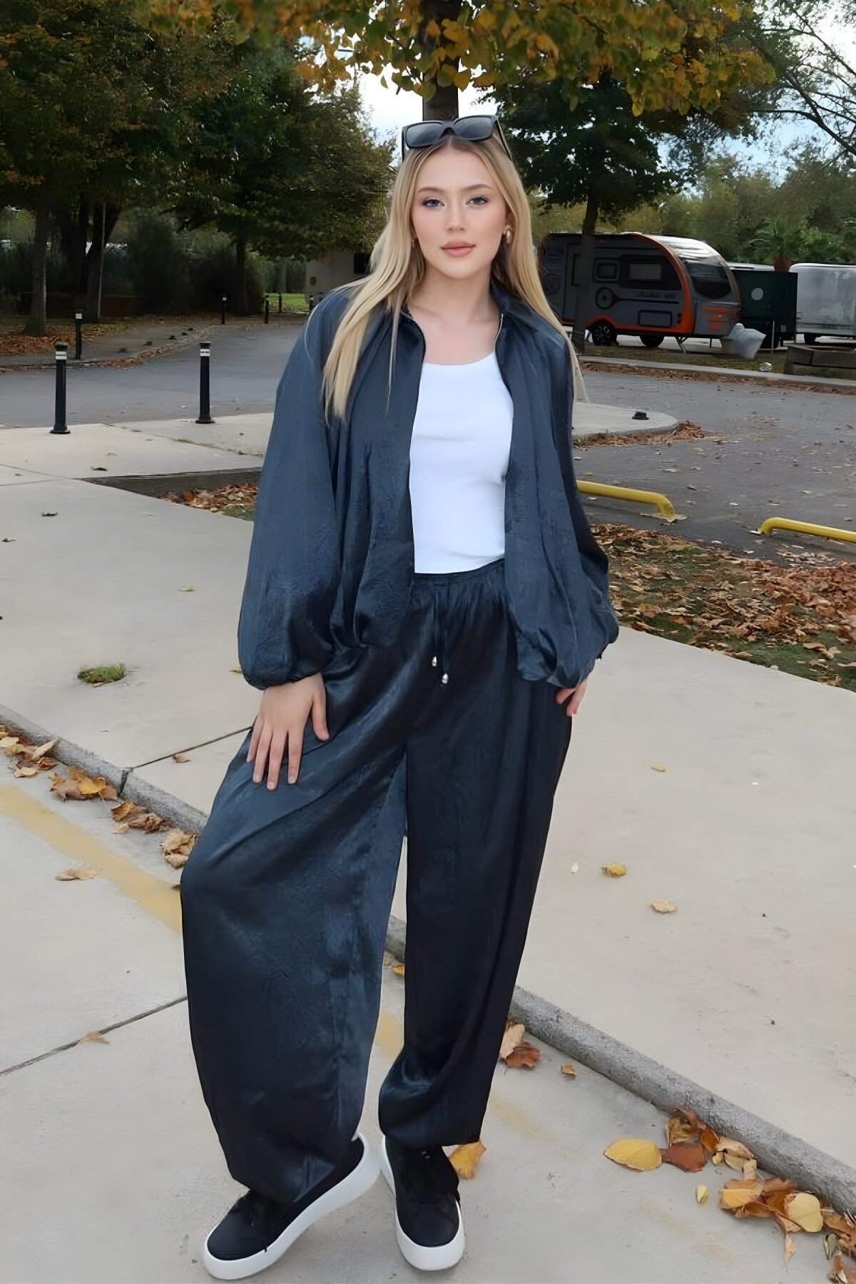 Oversized Textured Satin Set - Petrol Green - VİSKALİ