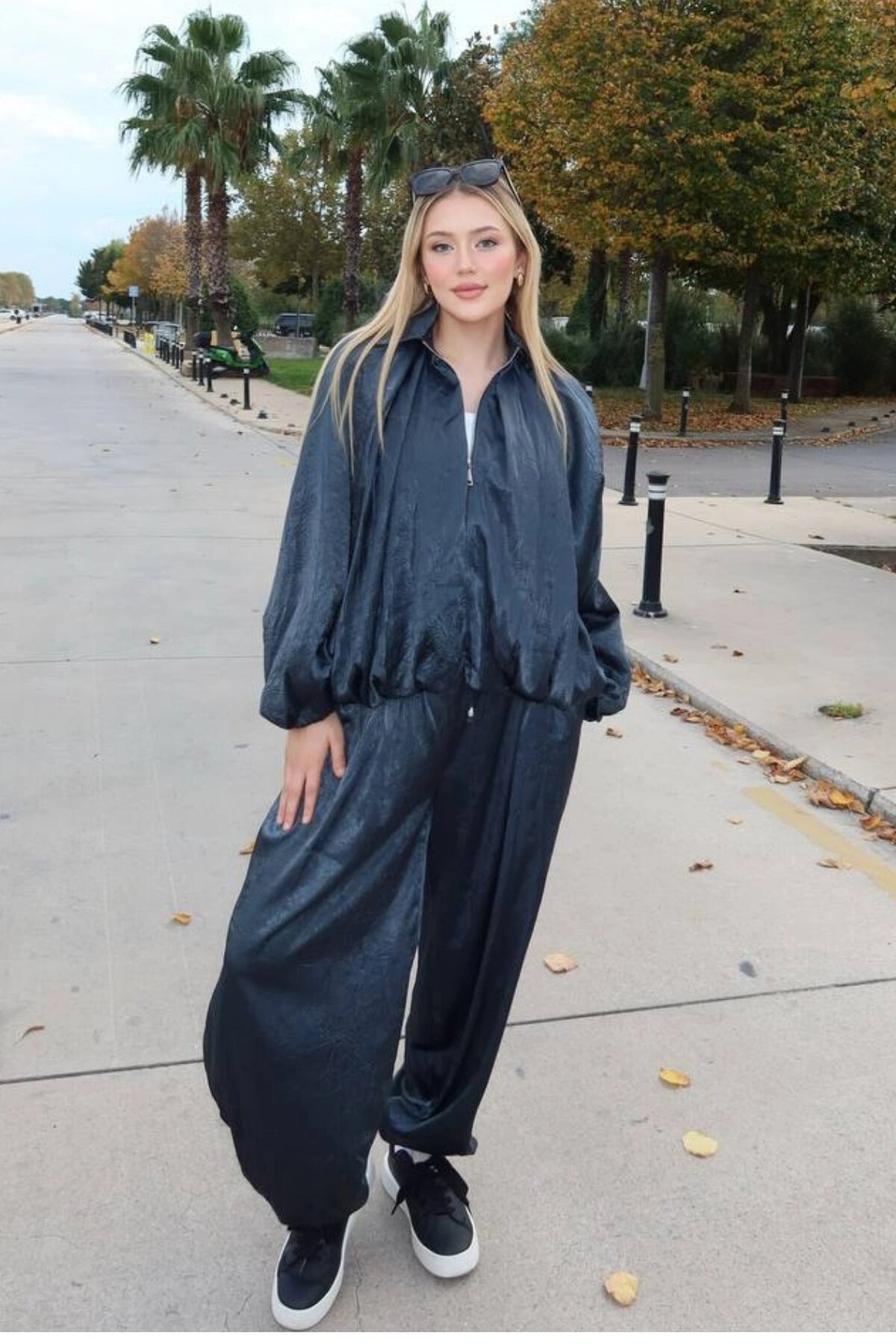 Oversized Textured Satin Set - Petrol Green - VİSKALİ