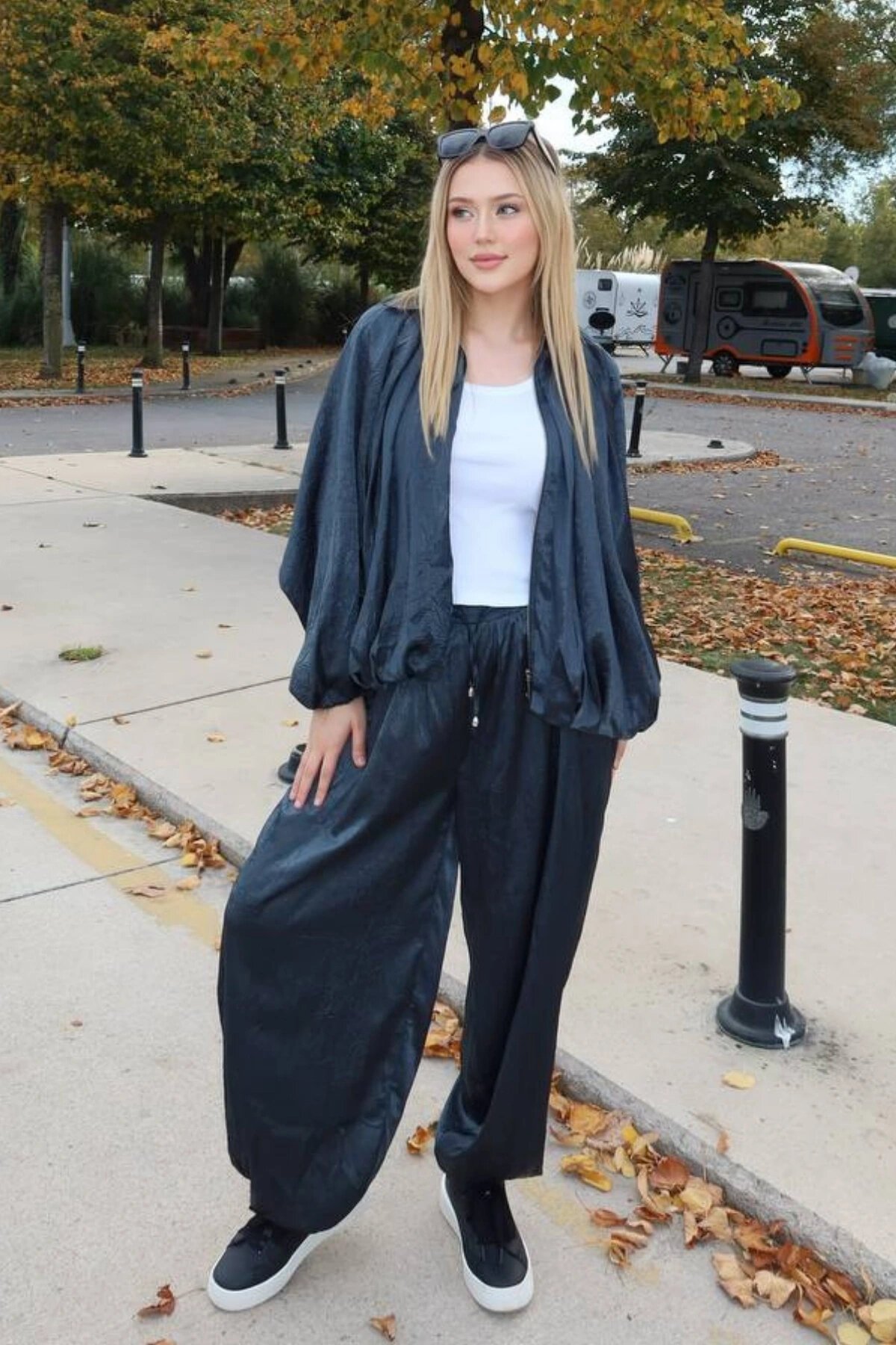 Oversized Textured Satin Set - Petrol Green - VİSKALİ