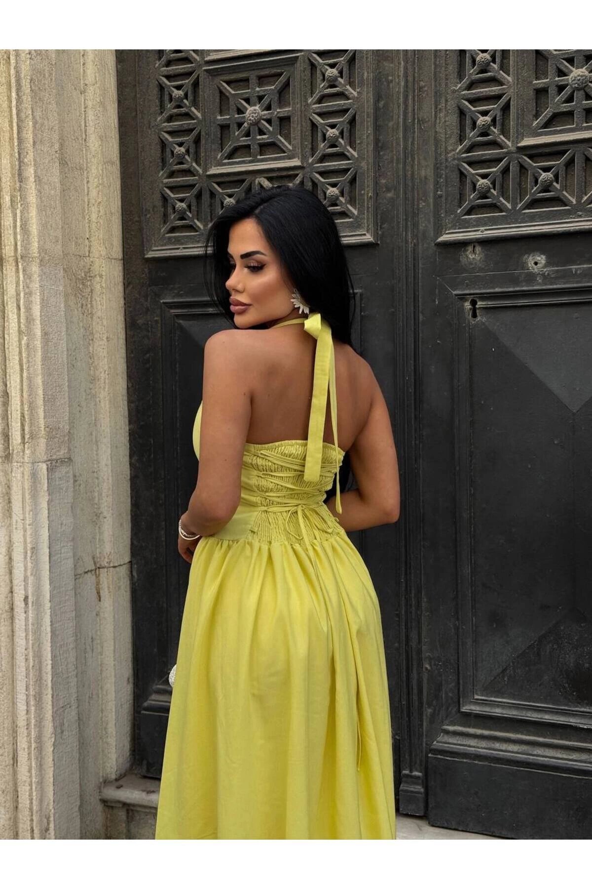 Mini Flared Strappy Square-Neck Dress - Yellow - VİSKALİ