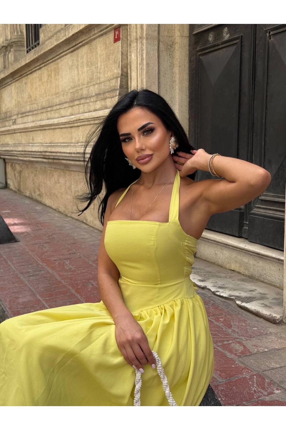 Mini Flared Strappy Square-Neck Dress - Yellow - VİSKALİ