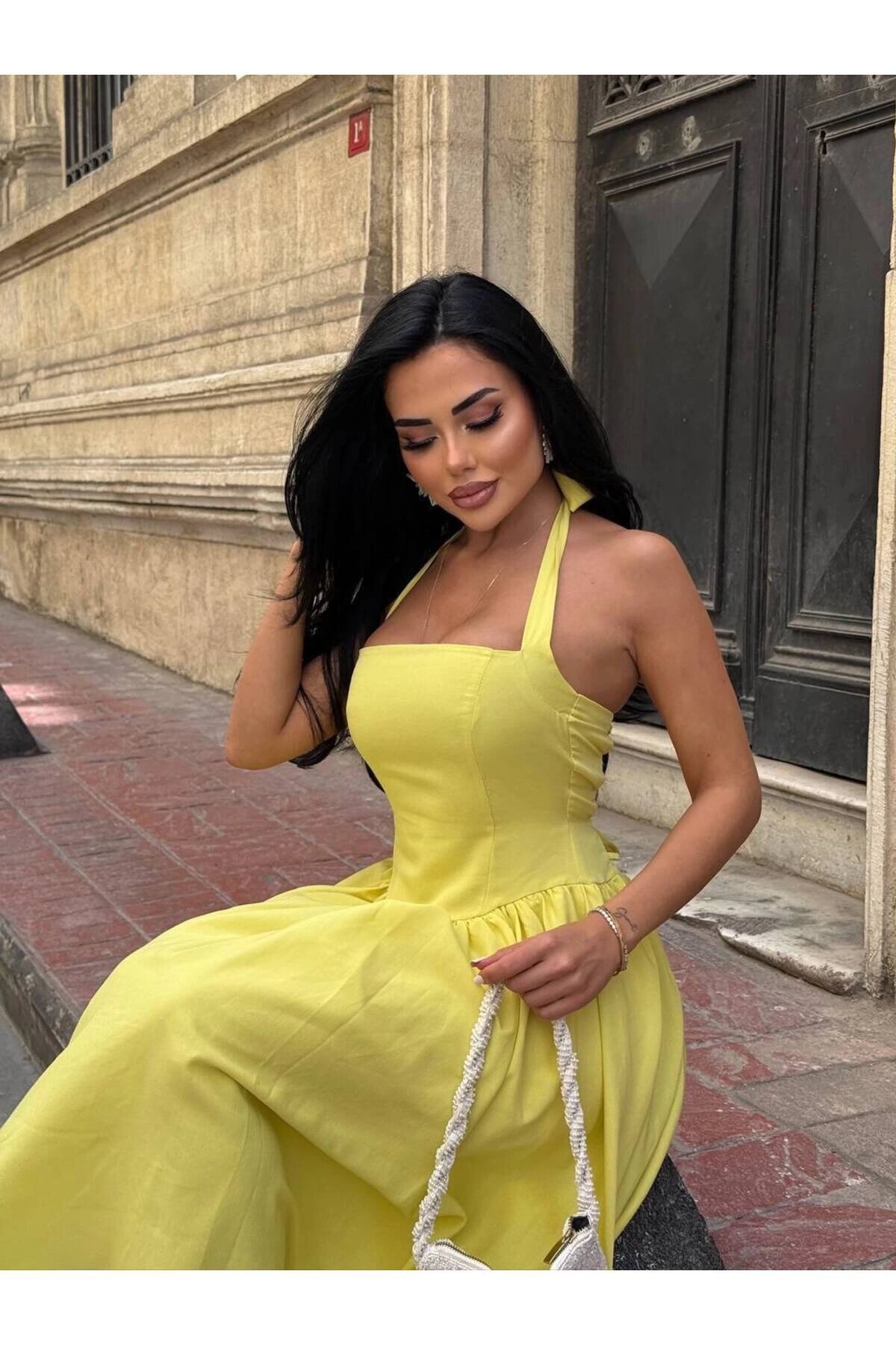 Mini Flared Strappy Square-Neck Dress - Yellow - VİSKALİ