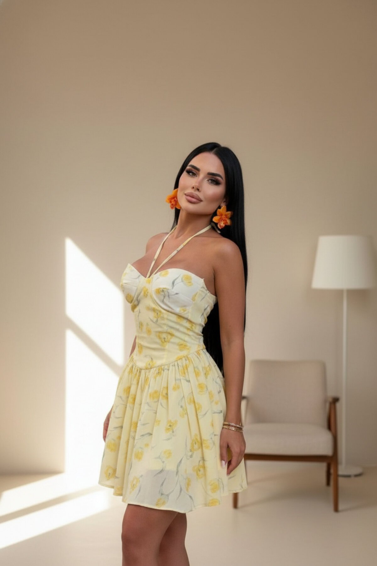 Mini Halter Floral-Print Bustier-Detail Dress - Yellow - VİSKALİ