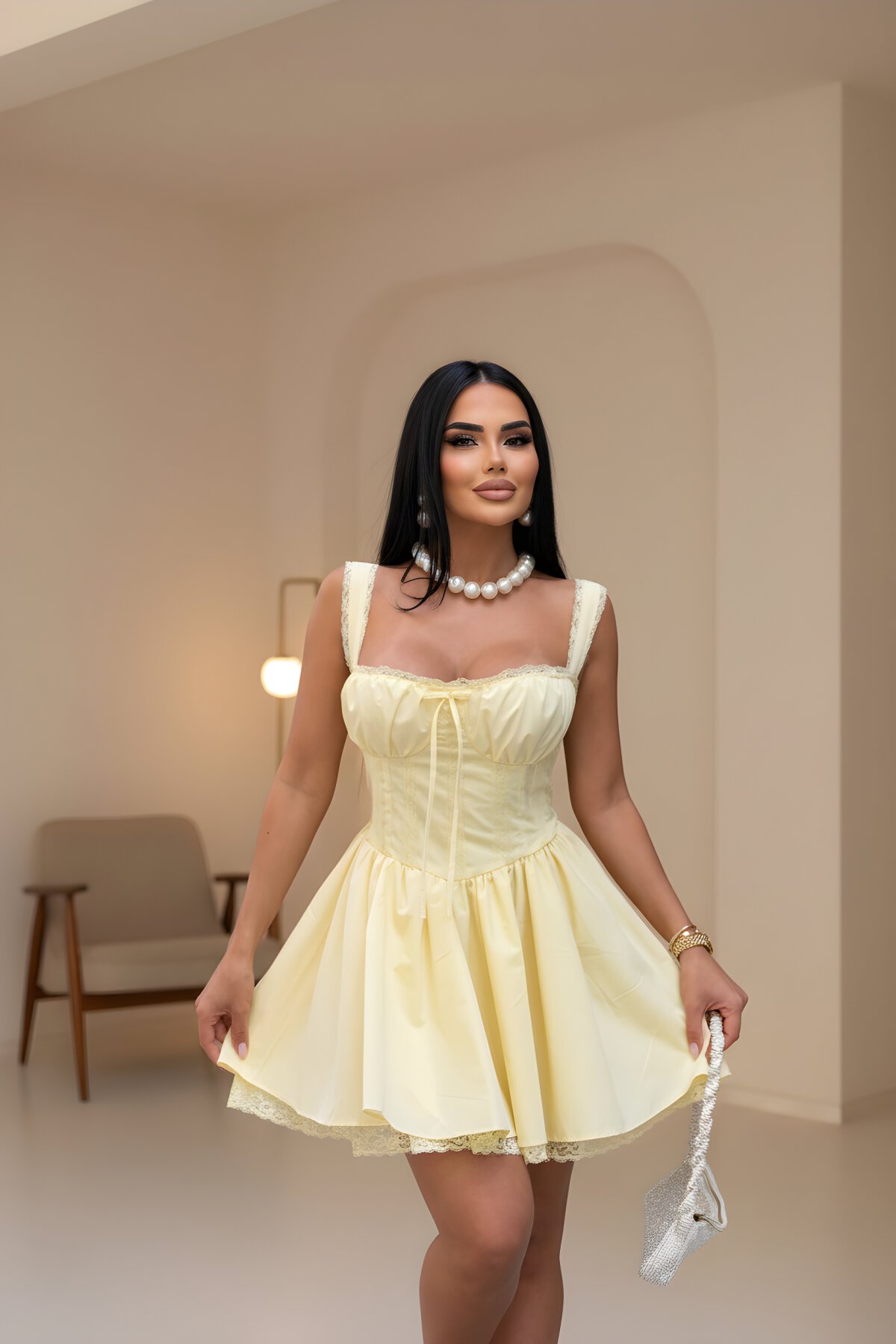 Mini Strappy Lined Corset-Look Lace-Detail Dress - Yellow - VİSKALİ