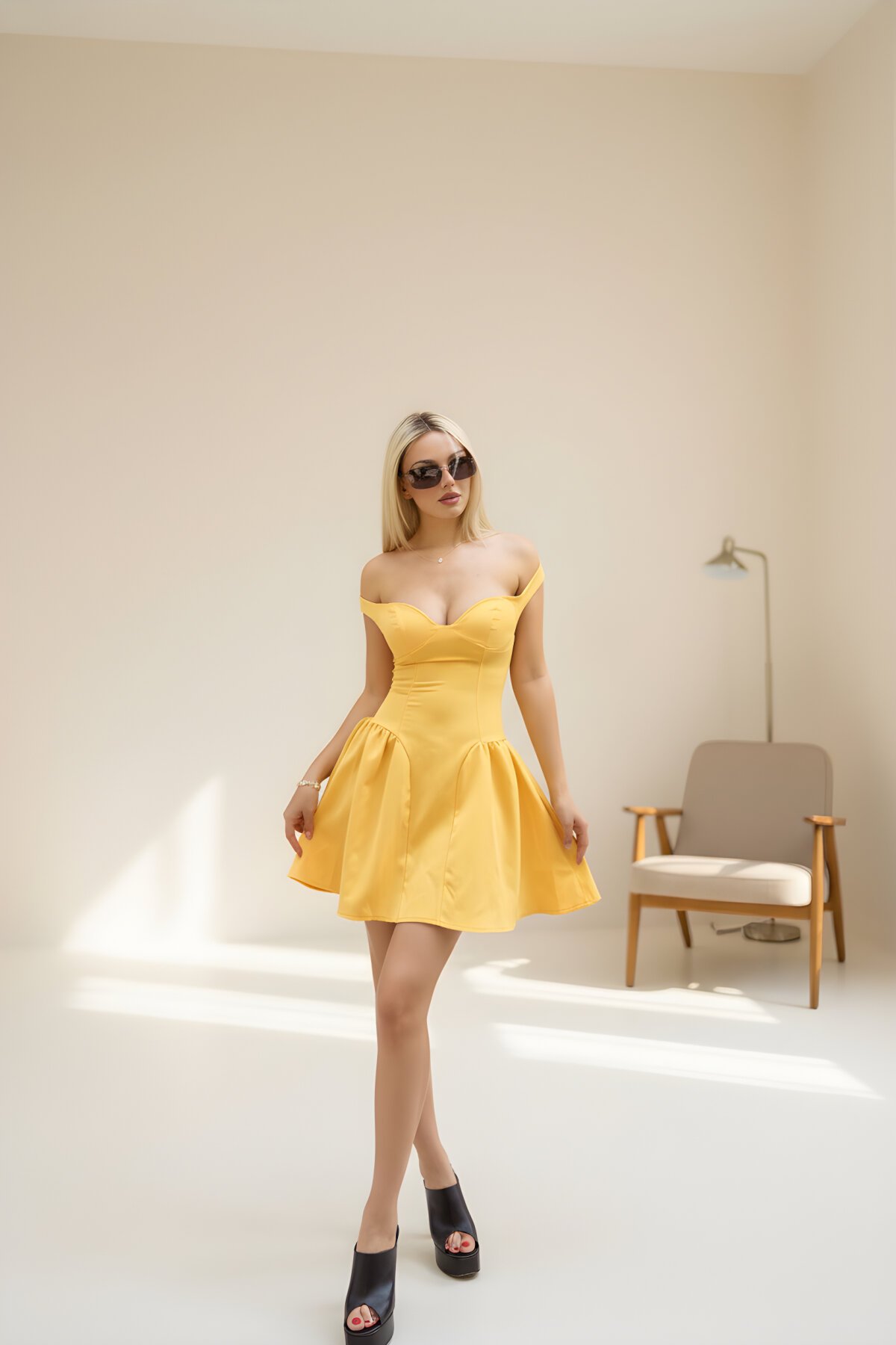 Mini Off-Shoulder Backless Dress - Yellow - VİSKALİ