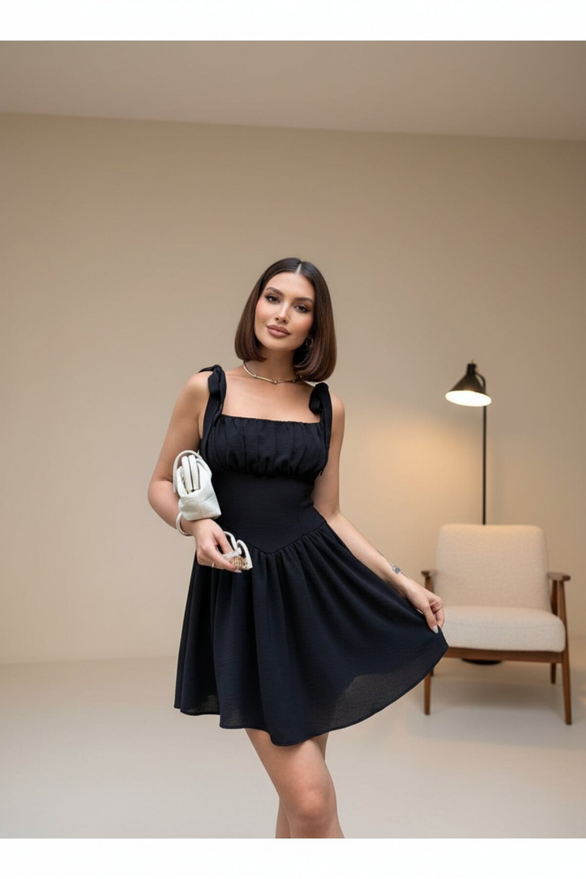 Mini Aerobin Tie-Shoulder Dress - Black - VİSKALİ