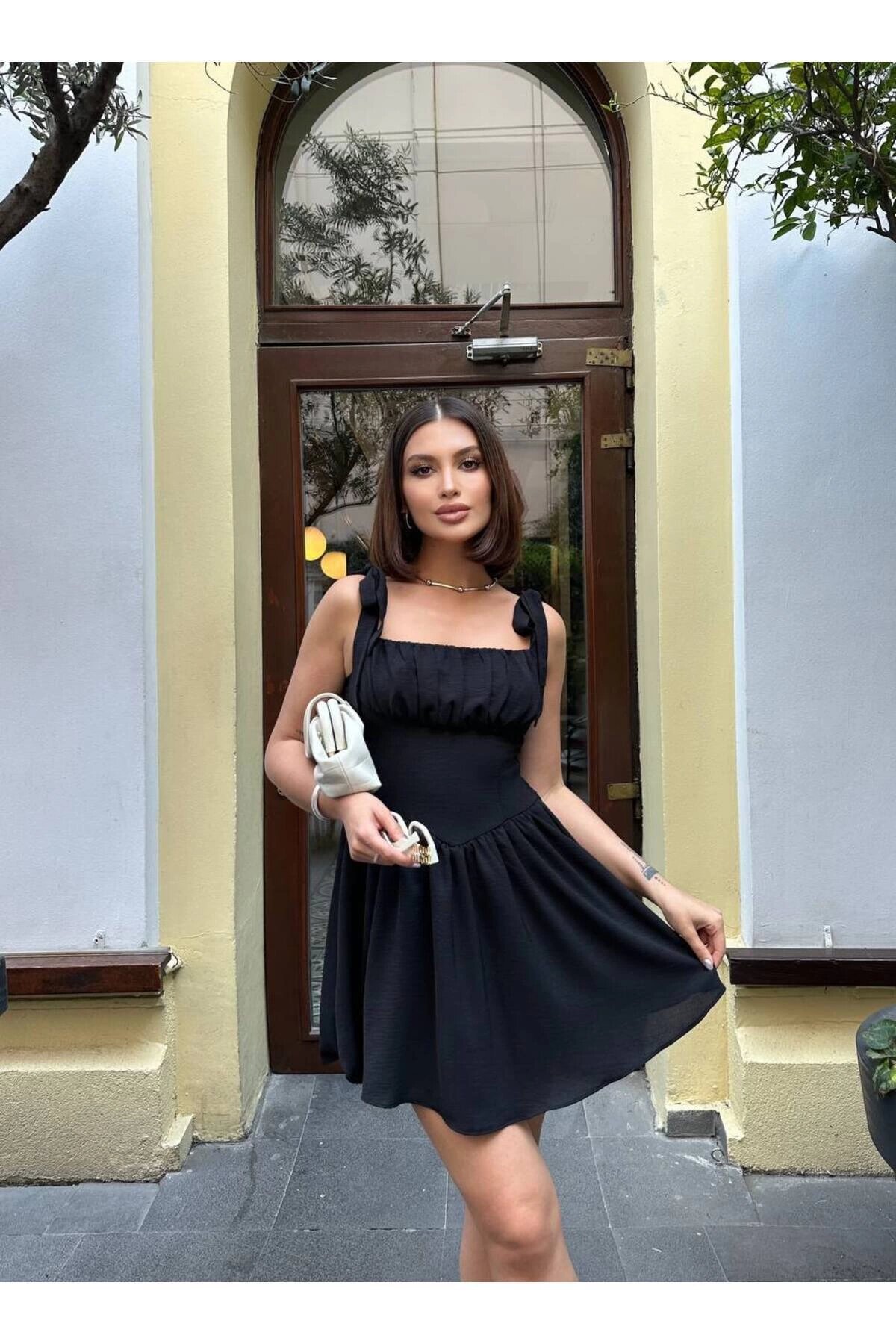 Mini Aerobin Tie-Shoulder Dress - Black - VİSKALİ