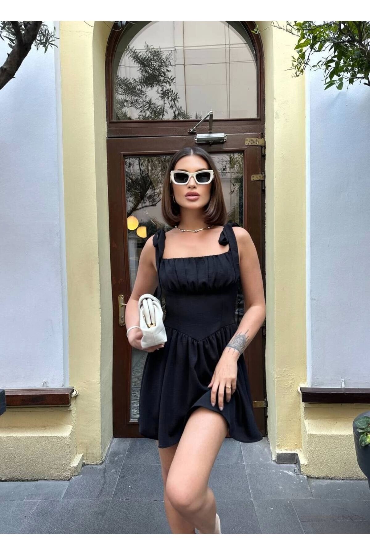 Mini Aerobin Tie-Shoulder Dress - Black - VİSKALİ